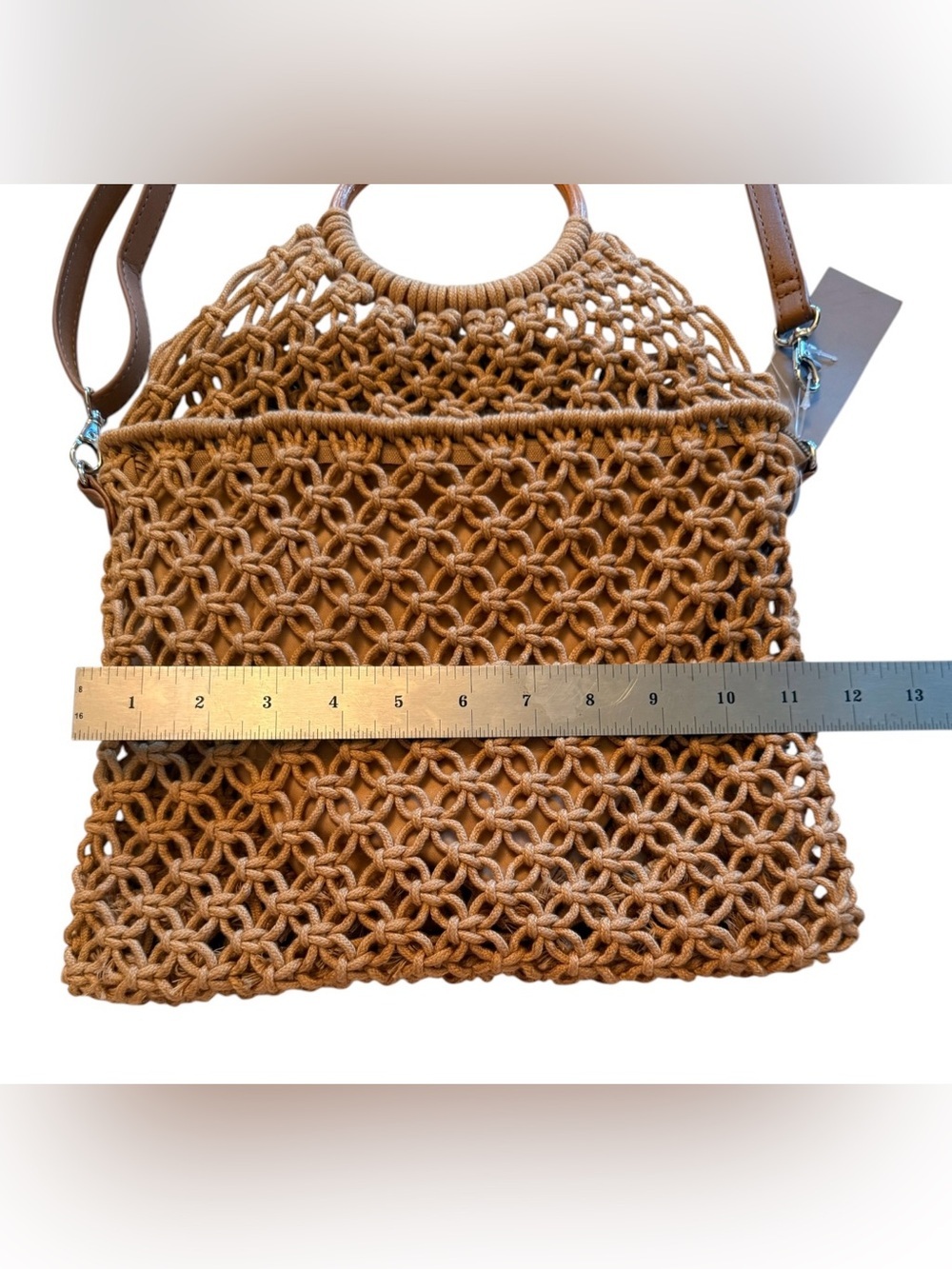 Crown Vintage Boho Macrame Tote Bag Wood Handles Crossbody Beach Resort NWT - Picture 11 of 12